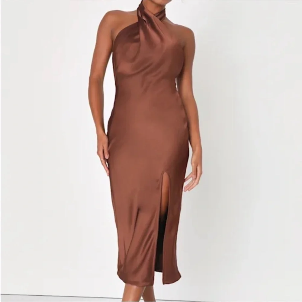 NWT, Lulus Satin Brown Halter Midi Wedding Guest Dress - Picture 1 of 2